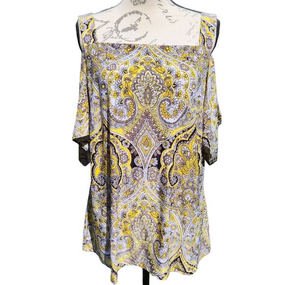 INC -261 International Concepts Cold Shoulder Paisley Floral Top Size XL Yellow - Picture 3 of 10